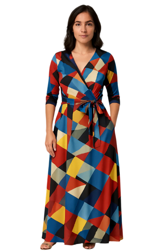 Color Block Geometric Wrap Maxi Dress