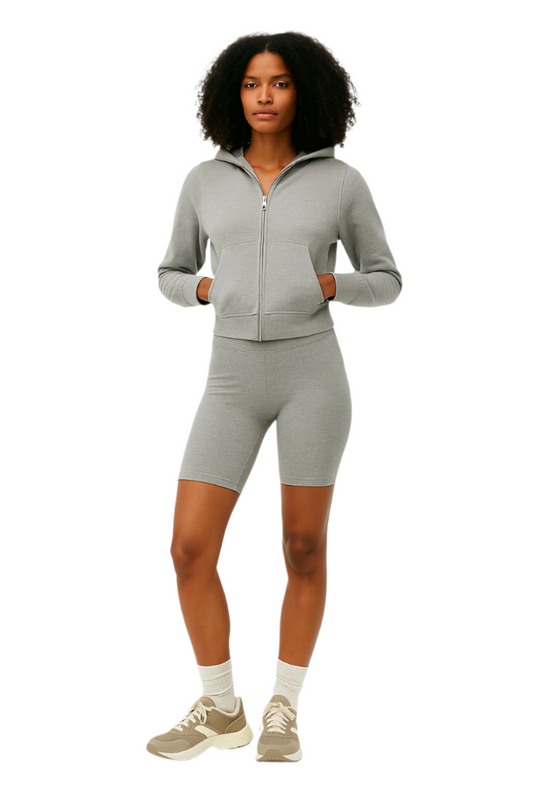Light Grey Zip-Up Hoodie & Biker Shorts Set